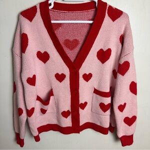 Heart Cardigan Women’s Size Large Oversized Valentine’s Holiday Pockets Pink